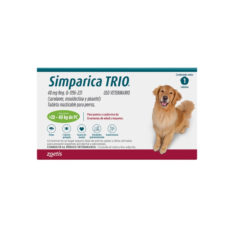 SIMPARICA TRIO 48MG VERDE 20.1-40KG CAJA 1 TAB.